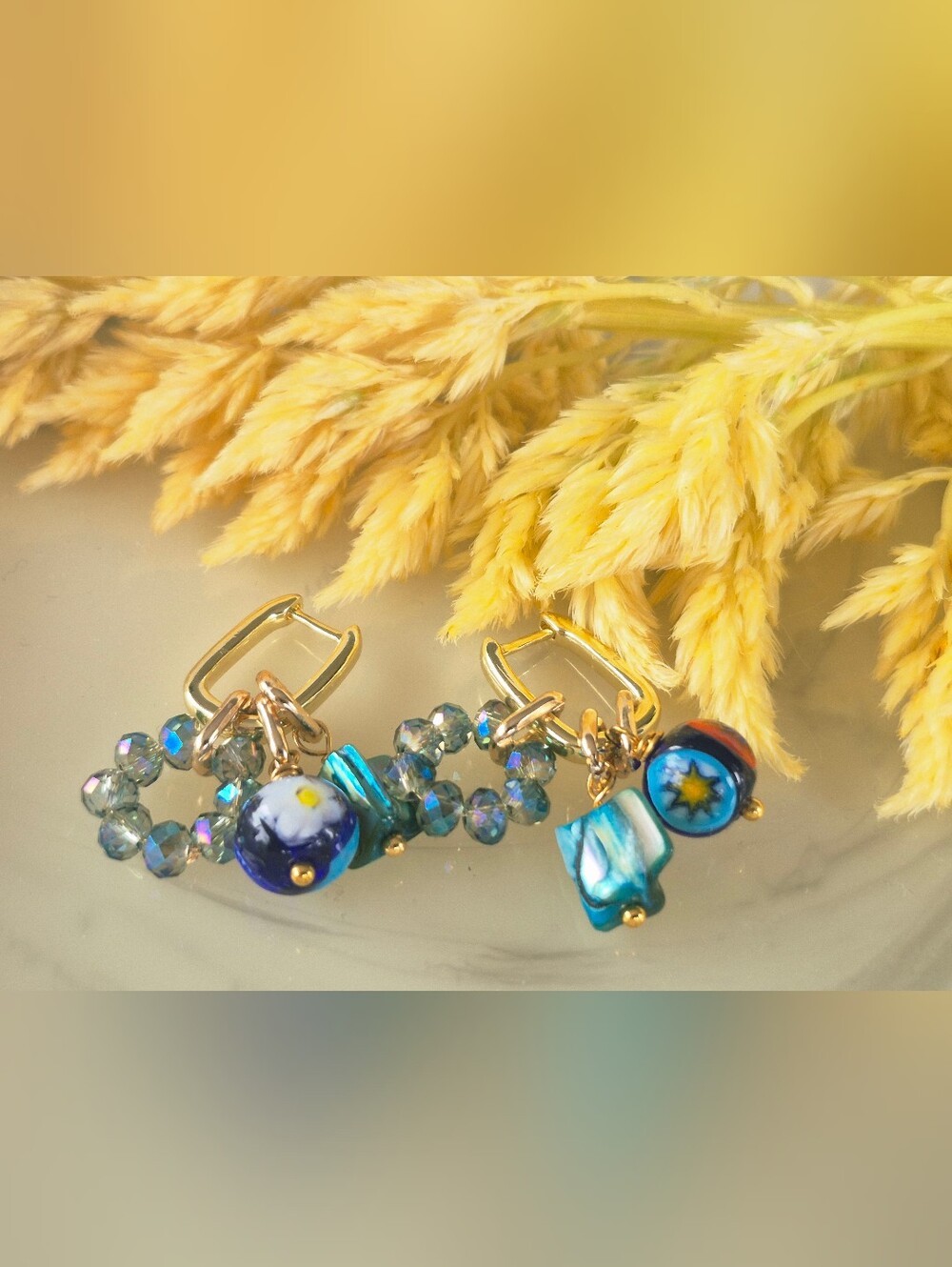 18k Gold Plates Millfiore Mother Of Pearl And Crystals Beaded Dangle Earrings